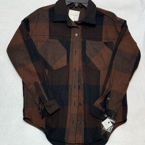 NWT Junior’s Ultra Flirt Plaid Button-Up Shirt in Brown & Black Size XXXS